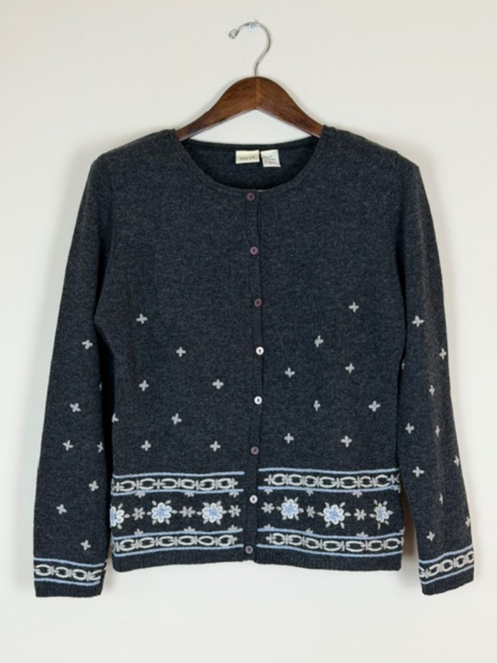 Falls Creek 100% Wool Cardigan with Floral Accents Gray Women's Large Cabincore